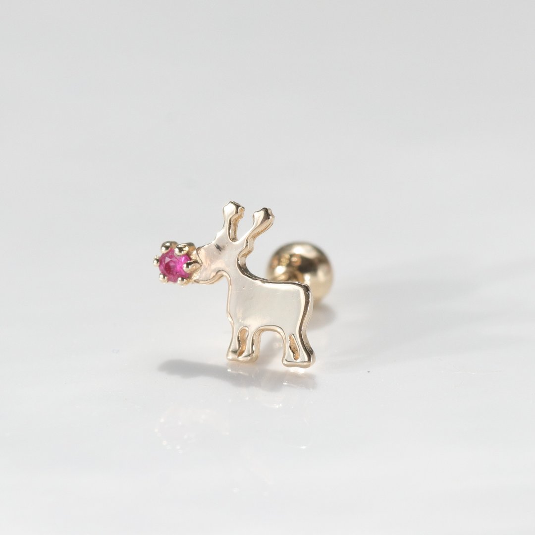 14K 红宝石麋鹿转珠耳环(单个) - 耳环/耳夹 - 贵金属 金色