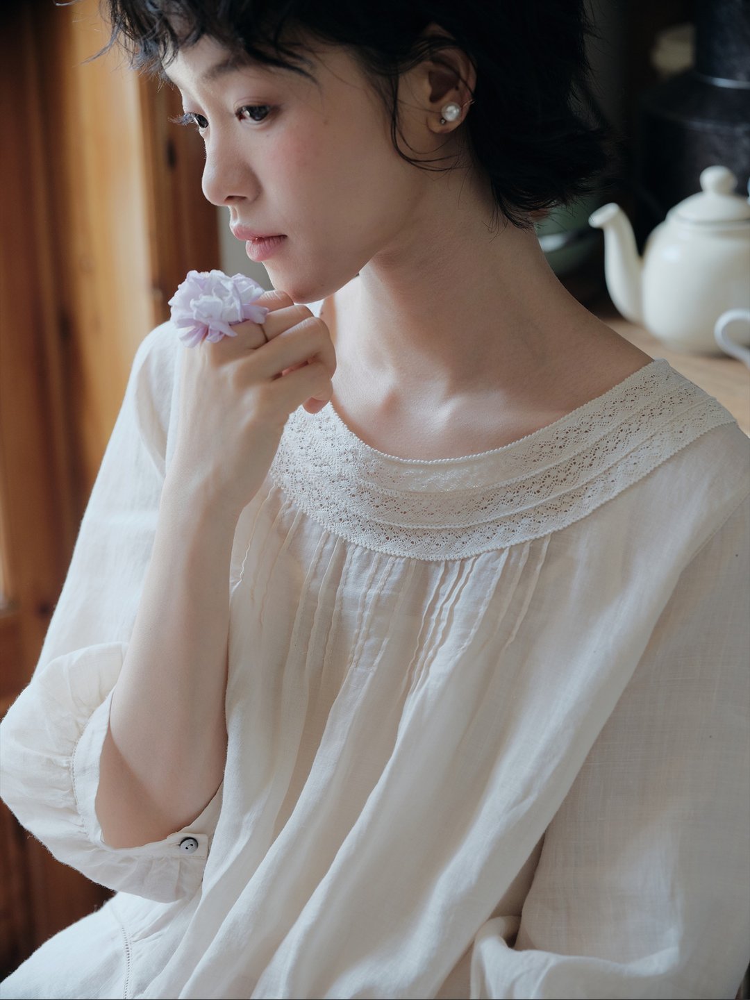 苎麻两色小衫打条工艺花边上衣 - 女装衬衫 - 棉 多色