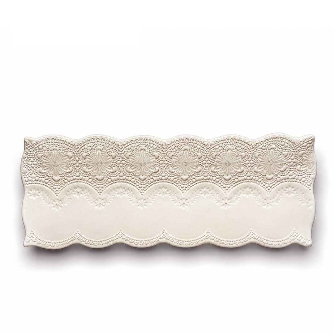 意大利 VBC casa 手工浮雕蕾丝系列 34x13cm 长盘 米白色 - 盘子/餐盘/盘架 - 陶 白色