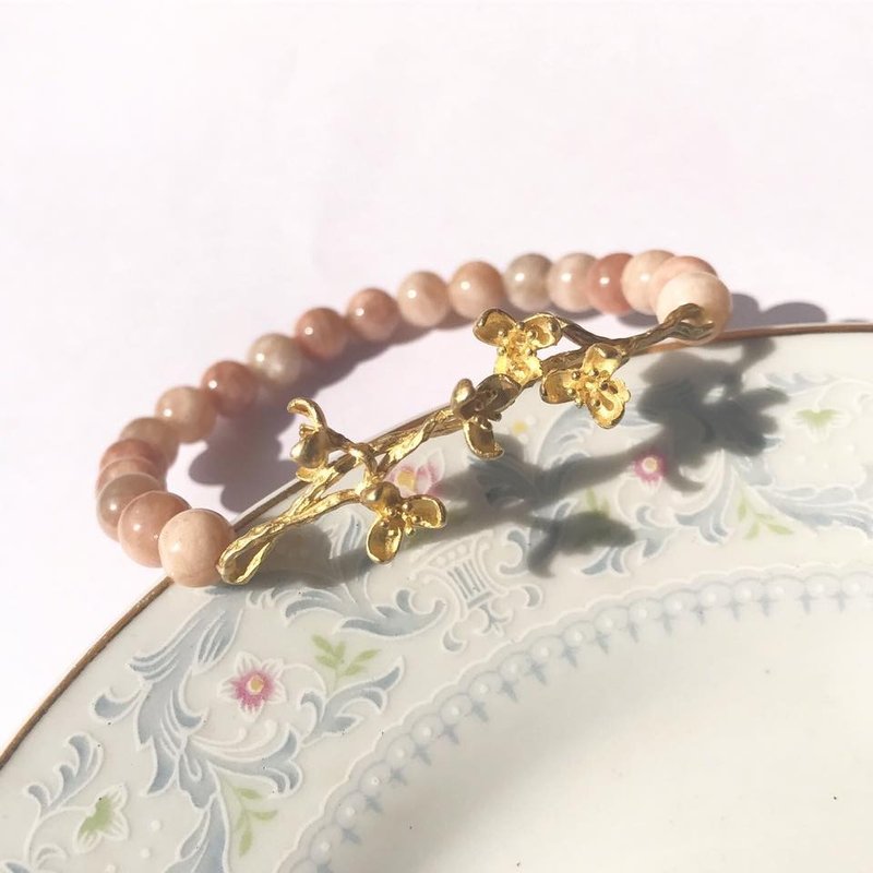 【Lost and find】天然石 铜花 太阳石 手链 - 手链/手环 - 宝石 粉红色