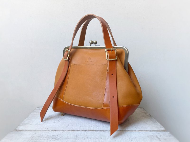 JAPAN Leather Nume Leather Gamaguchi 2way Bag montagna-A M size - 手提包/手提袋 - 真皮 卡其色