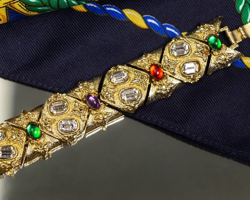 美国古董 拜占庭风格 华丽几何三色宝石 镀金手链 - 手链/手环 - 其他金属 金色