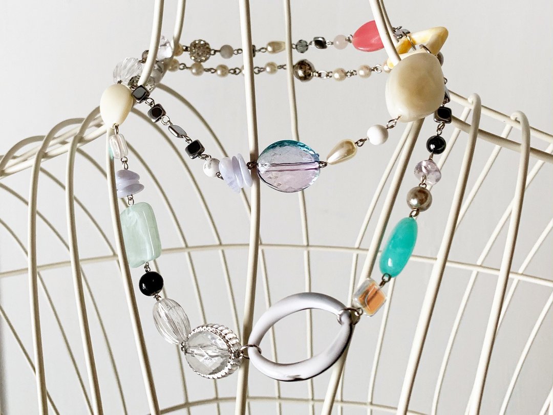 Various beads MIX long necklace (Silver) Vol.10 - 长链 - 塑料 白色