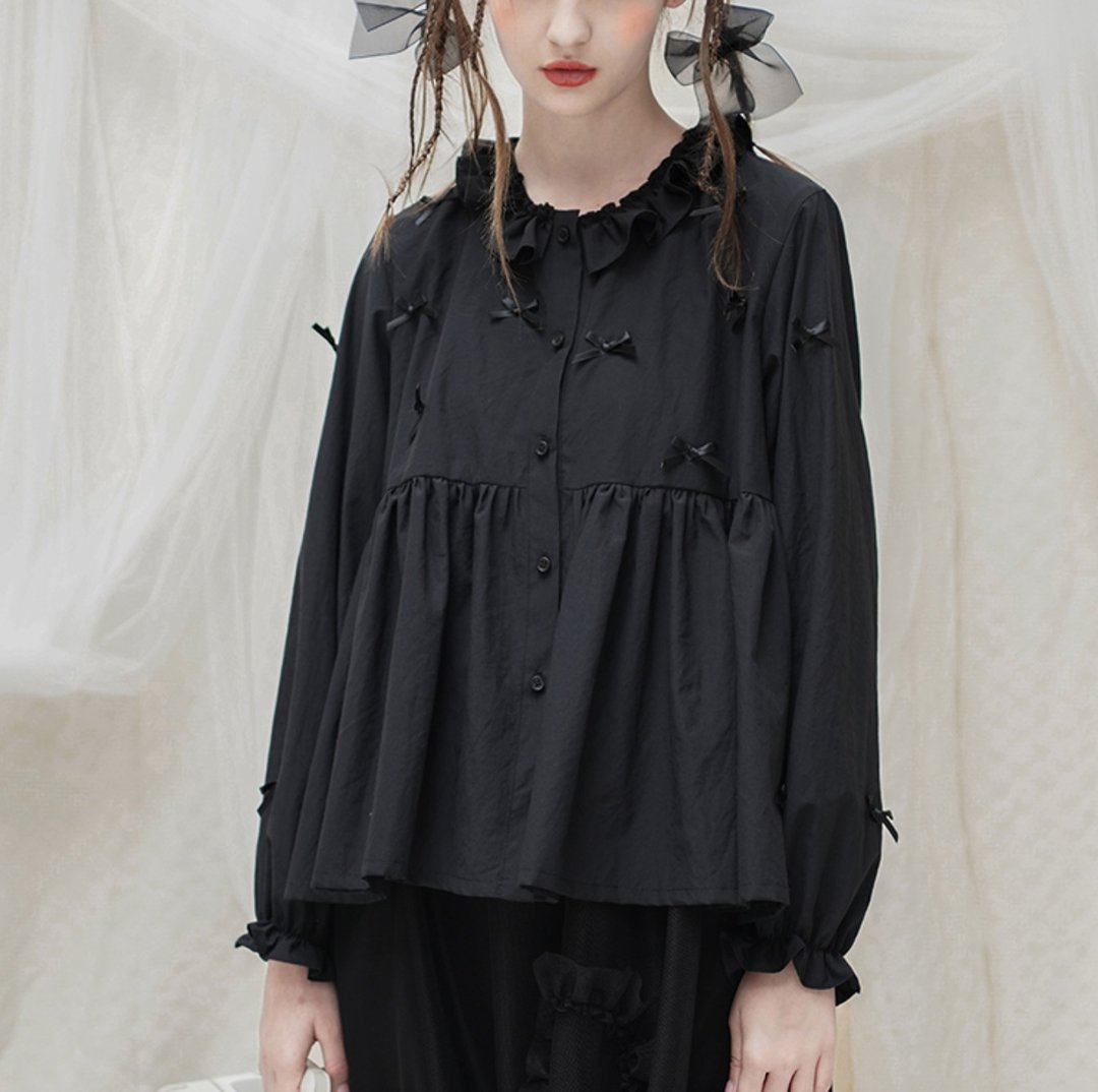 小蝴蝶结黑色花领衬衫 - imakokoni - 女装衬衫 - 棉 黑色