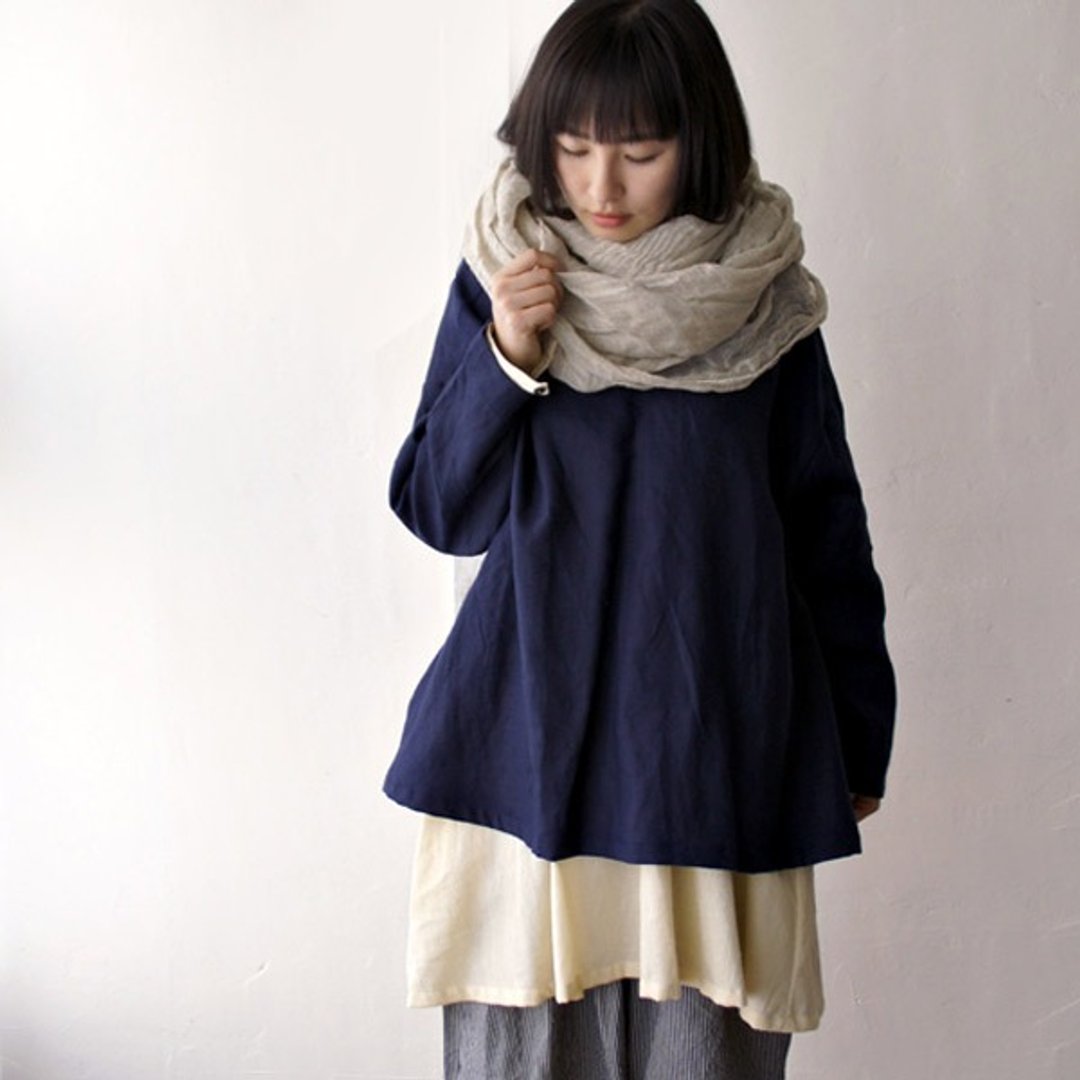 The remaining dark blue 36 only Free Shipping ★ ★ 100% linen drop shoulder Long pullover [gnm-39] - 女装上衣 - 棉 蓝色