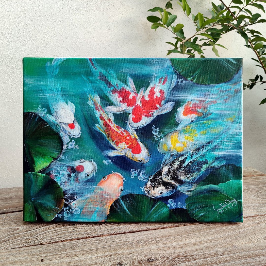 【九如】丙烯画原作 | 日本锦鲤鱼塘风光 | 大厅玄关书房挂画 - 海报/装饰画/版画 - 棉 