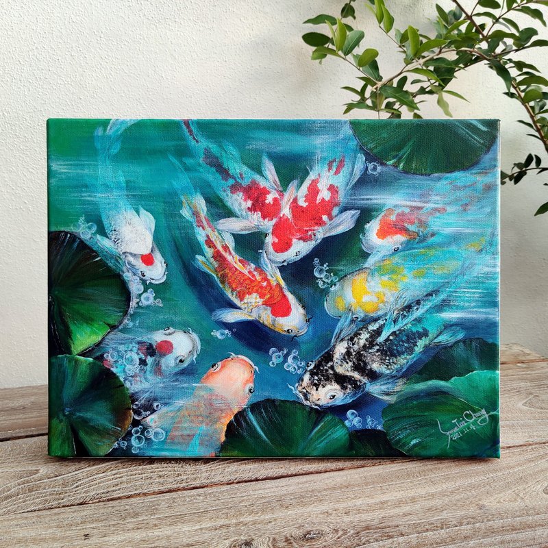【九如】丙烯画原作 | 日本锦鲤鱼塘风光 | 大厅玄关书房挂画 - 海报/装饰画/版画 - 棉．麻 