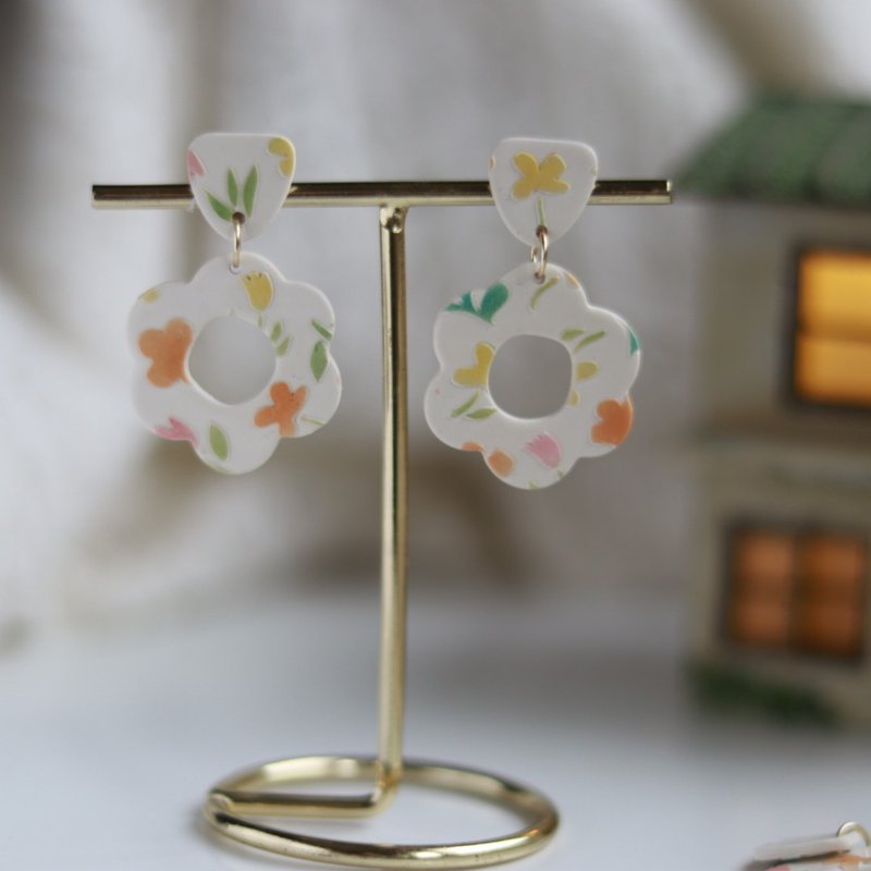 14k包金 花草茶 手作软陶耳环 改夹请备注 - 耳环/耳夹 - 陶 