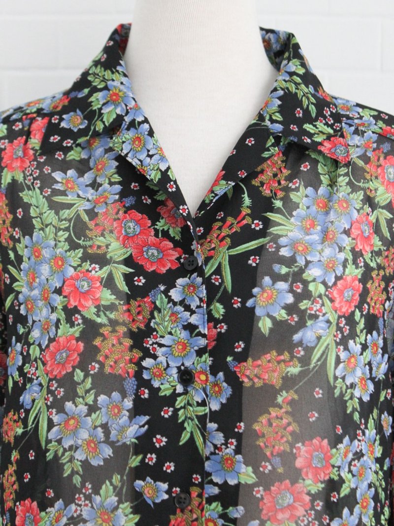 复古日本制70s气质典雅花朵图腾黑色雪纺长袖古着衬衫 - 女装衬衫 - 聚酯纤维 黑色