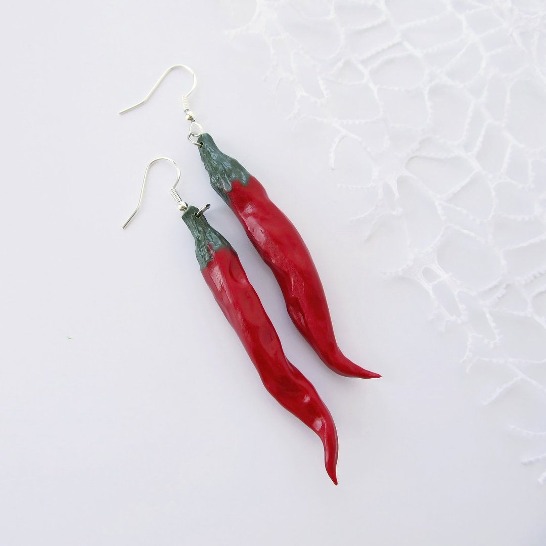 Red Hot Chili Pepper Earrings Vegetable Earrings Food earrings Red cute earrings - 耳环/耳夹 - 粘土 红色