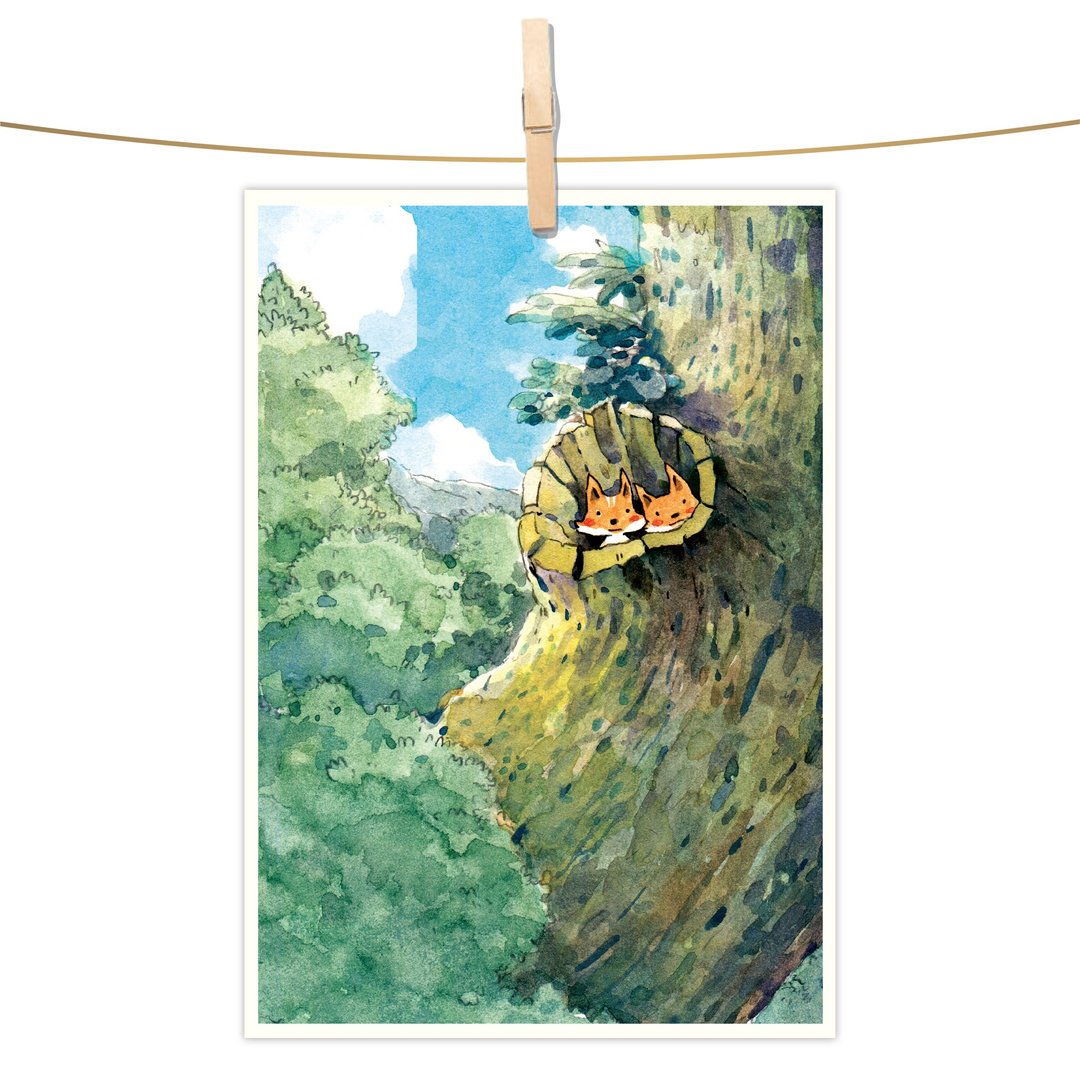 afu水彩插画明信片 - 小狐狸 - 卡片/明信片 - 纸 绿色