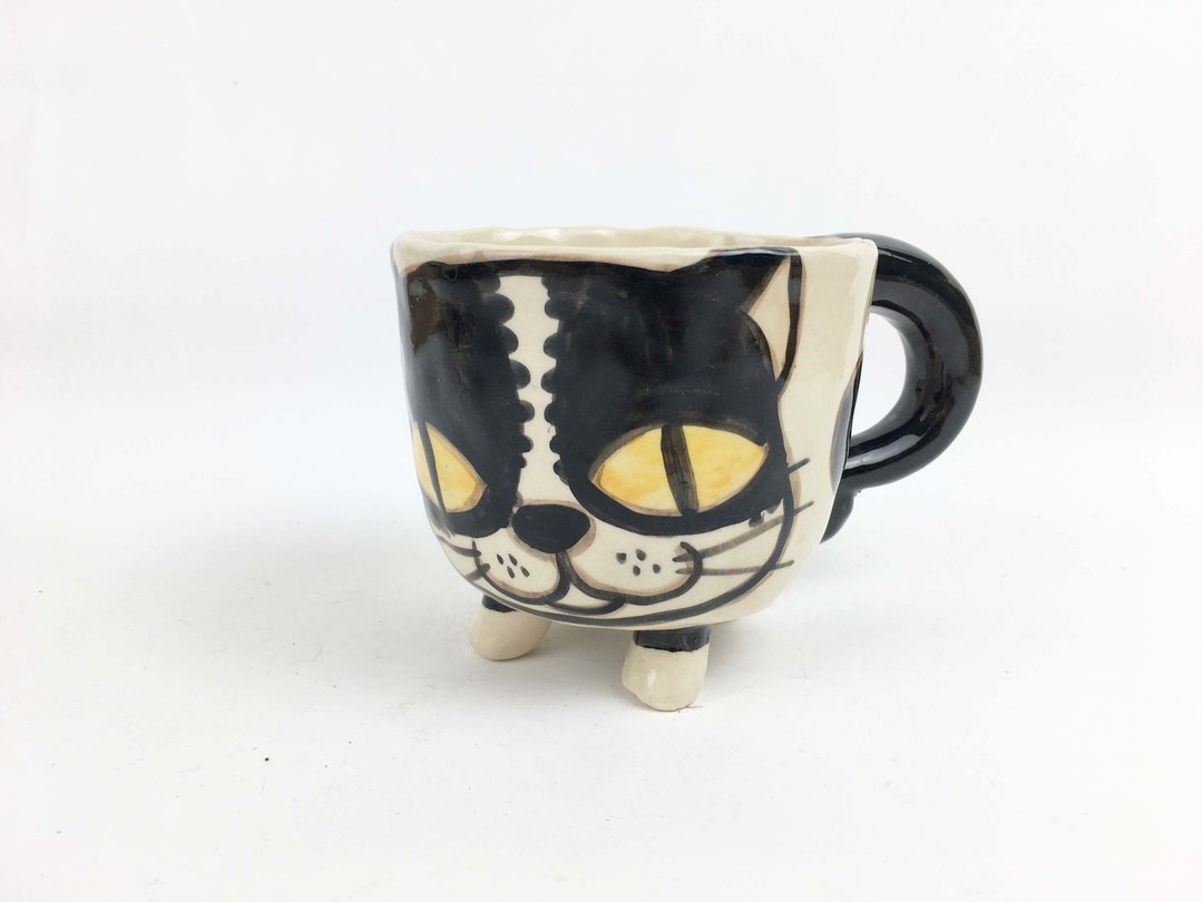 Nice Little Clay 手工猫脚杯花猫 0115-01 - 咖啡杯/马克杯 - 陶 白色