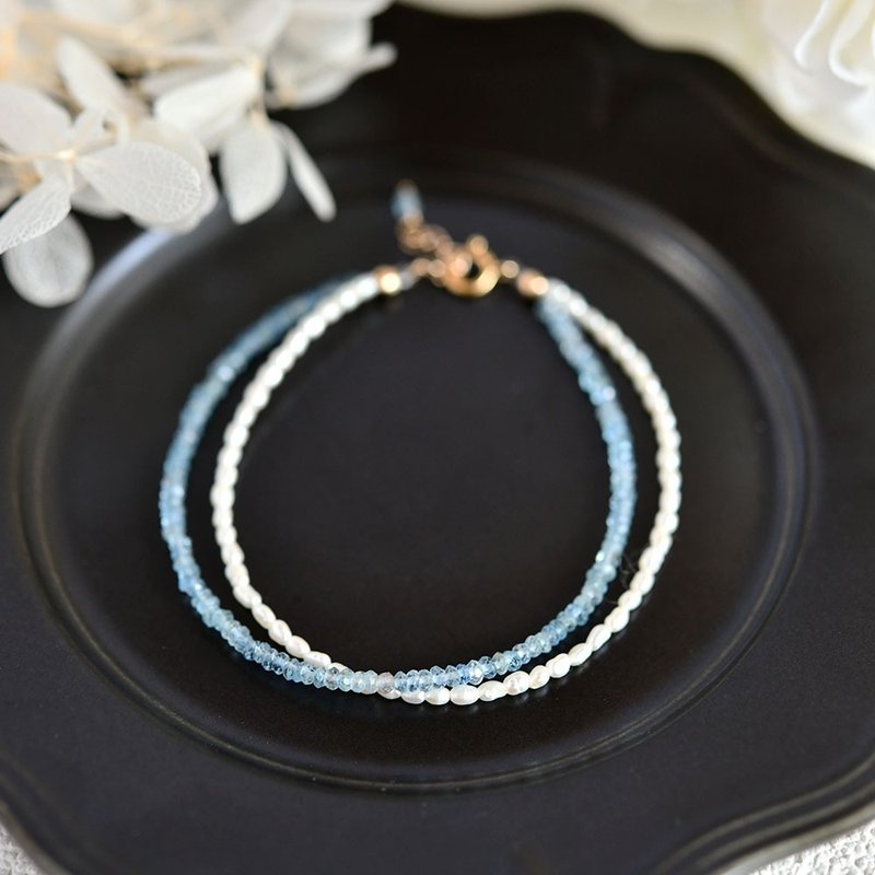 原创 海蓝宝石与 petits 珍珠 两条式手链 3月 6月诞生石 - 手链/手环 - 宝石 黄色