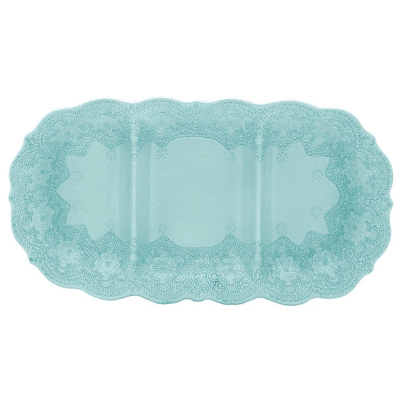 意大利VBC casa-手工浮雕蕾丝系列 40x22cm三格点心盘(蒂芬妮绿) - 盘子/餐盘/盘架 - 陶 绿色