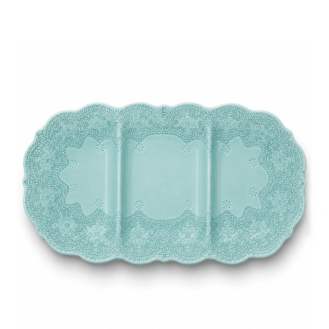 意大利 VBC casa 手工浮雕蕾丝系列 40x22cm 三格点心盘 蒂芬妮绿 - 盘子/餐盘/盘架 - 陶 绿色