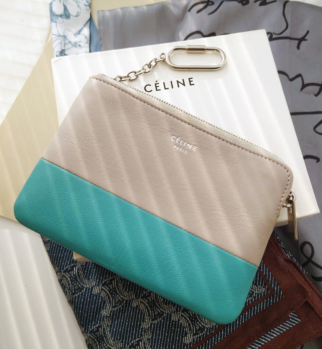 中古美品 附盒 CÉLINE 双色零钱包散银包散纸包Coin Purse散子包 - 零钱包 - 真皮 灰色