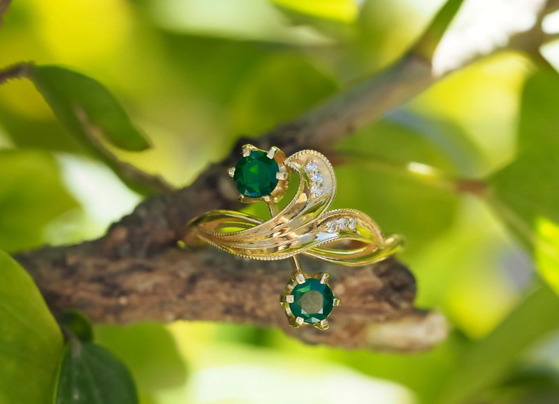 14k gold ring with sapphires and diamonds - 戒指 - 贵金属 金色