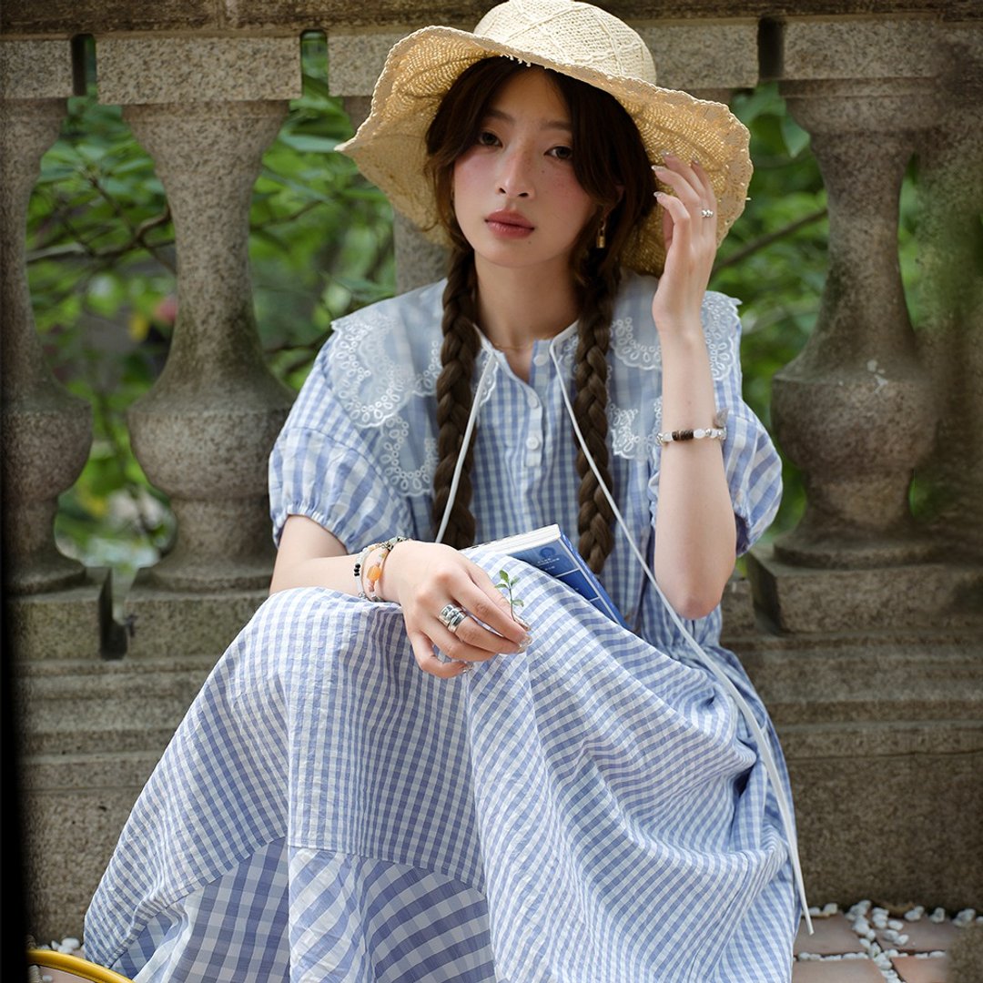 娃娃领格纹拼接洋装|连衣裙|夏款|Sora-1232 - 洋装/连衣裙 - 聚酯纤维 蓝色