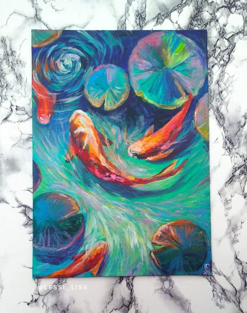 锦鲤鱼在水中红鲤鱼原画在画布上象征好运 - 墙贴/壁贴 - 压克力 红色