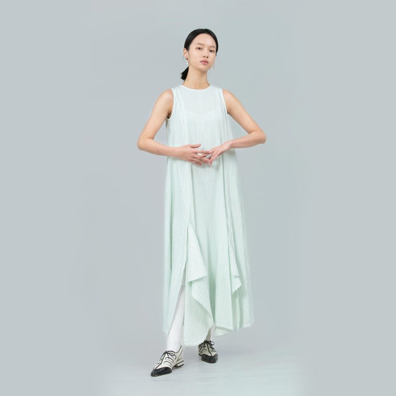 tan tan / 薄荷绿条纹开衩波浪洋装 - 洋装/连衣裙 - 棉．麻 白色