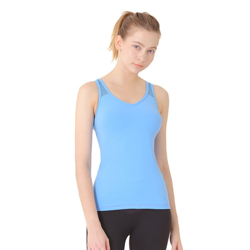 【NAMASTE】Hope V领网纱交叠瑜珈服 - 天空蓝 - 女装瑜珈服 - 尼龙 蓝色