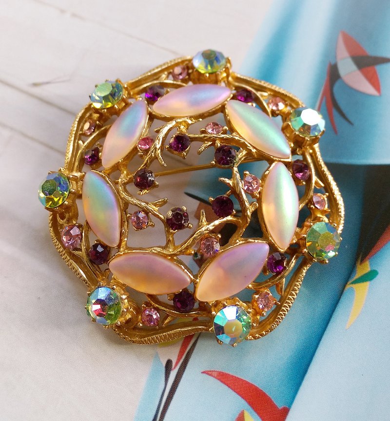 西洋古董饰品。FLORENZA  粉嫩霓光 马眼莱茵钻  别针 - 徽章/别针 - 其他金属 金色