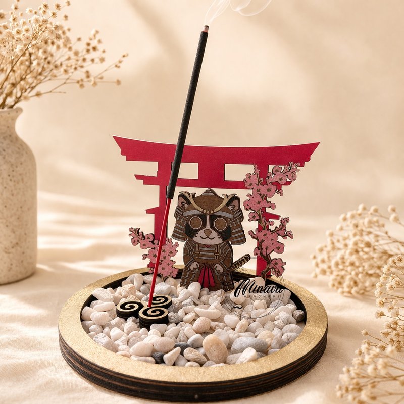 日系鸟居猫神线香座 原创角色香插 疗愈香氛摆设 手工设计 - 蜡烛/烛台 - 木头 金色