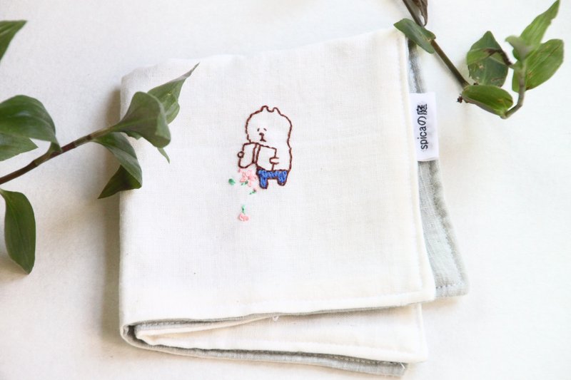 Muu-chan embroidery handkerchief Flower - 毛巾浴巾 - 棉．麻 灰色