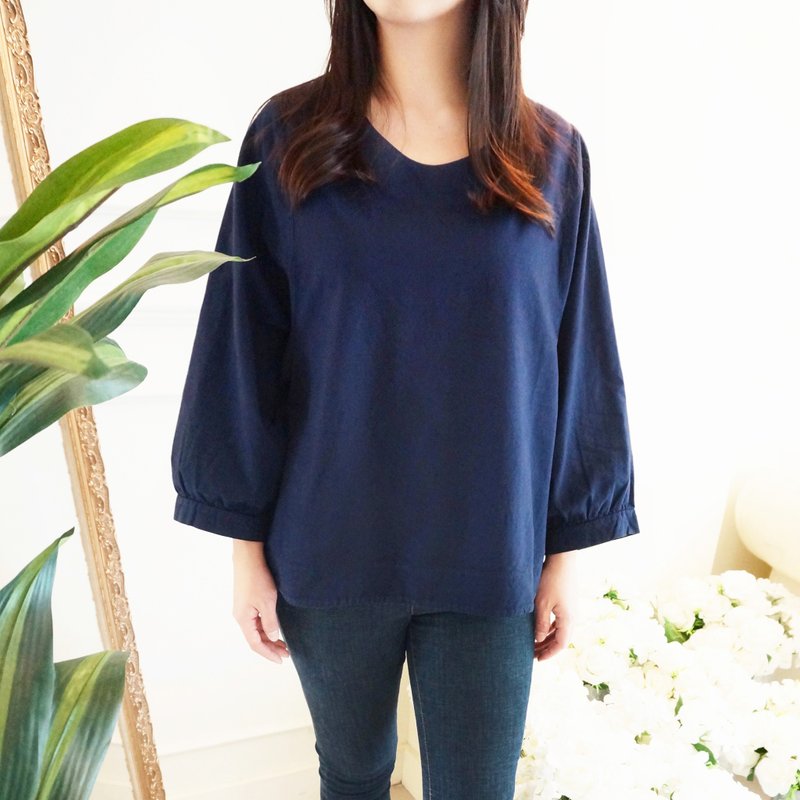 纯棉宽袖圆领衫/深蓝色 - 女装上衣 - 棉．麻 蓝色