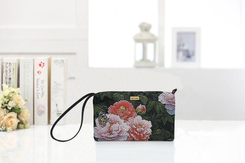 多功能手拿包  手机袋  防泼水  /  平织缇花 复古牡丹 - 手拿包 - 防水材质 