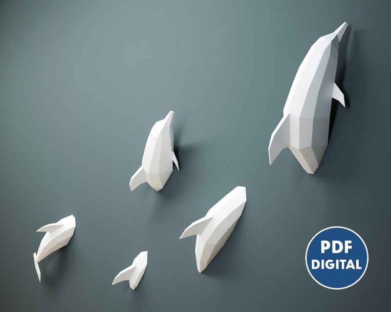 Papercraft PDF dolphins, 3D origami paper craft DIY kit, decor, DIGITAL TEMPLATE - 手工艺教程/工具书 - 其他材质 