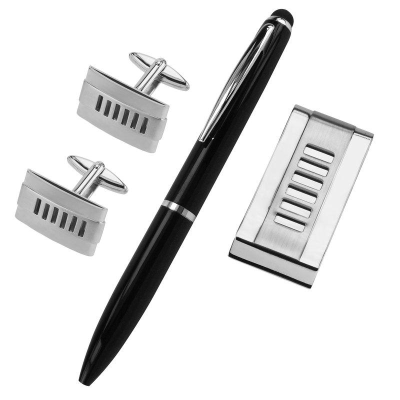 不锈钢镂空拉丝袖扣钱夹笔套装 - 袖扣 - 其他金属 银色