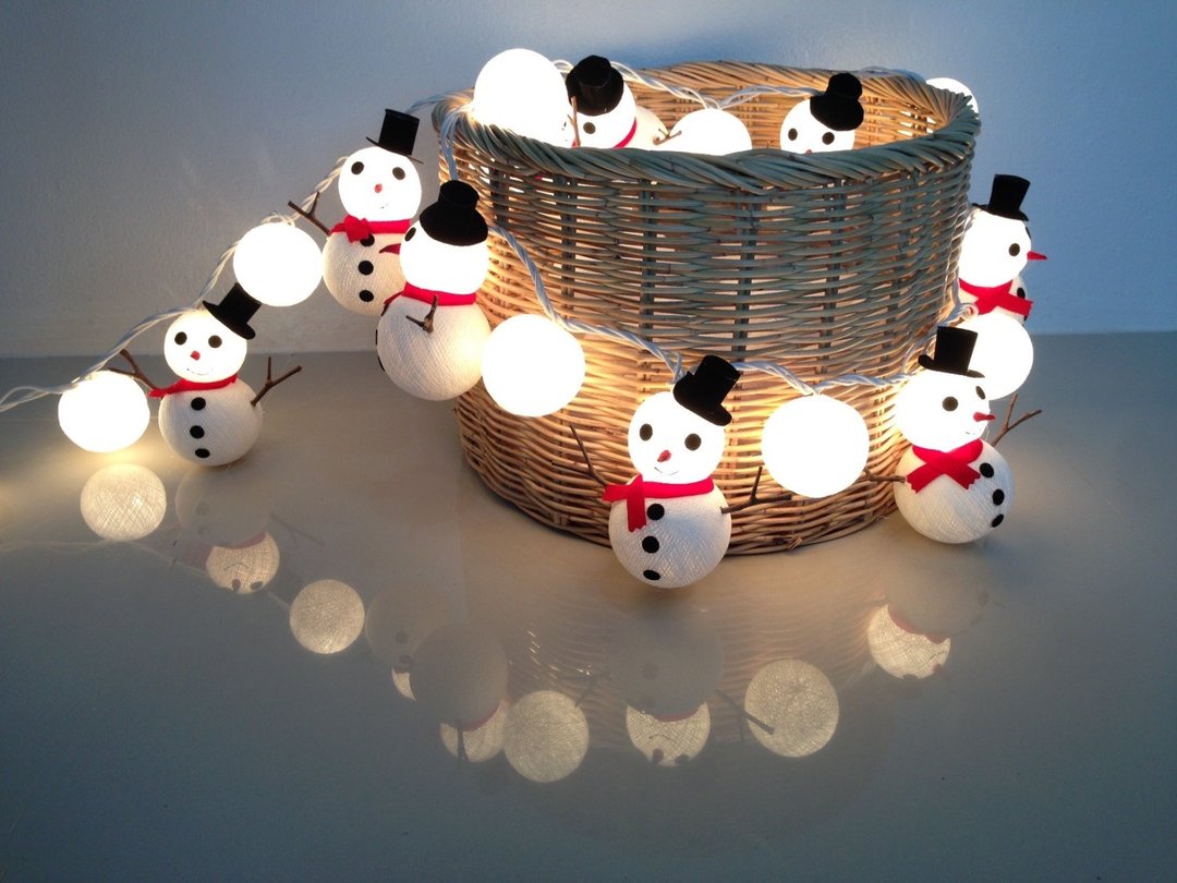 Christmas set Snowman & Snowball cotton ball string lights for Christmas fairy - 摆饰 - 棉 