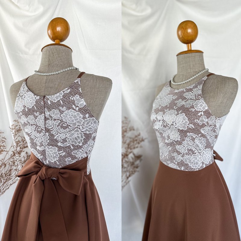 Vintage brown dress Party summer Dress Evening prom brown lace bridesmaid dress - 洋装/连衣裙 - 聚酯纤维 咖啡色