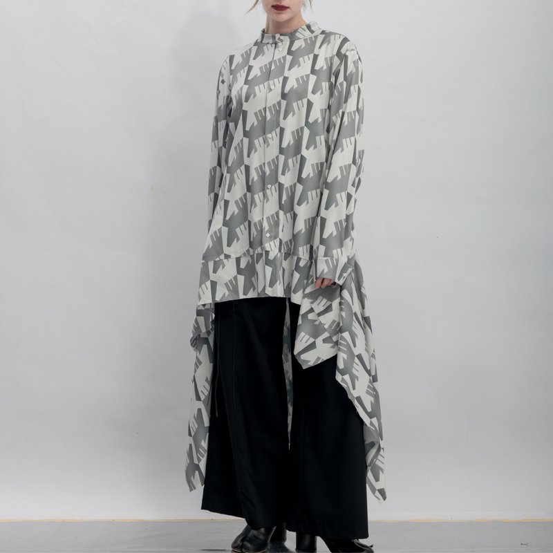 INF 立领不对称垂坠剪裁印花衬衫 / 寂静灰 - 女装衬衫 - 聚酯纤维 银色