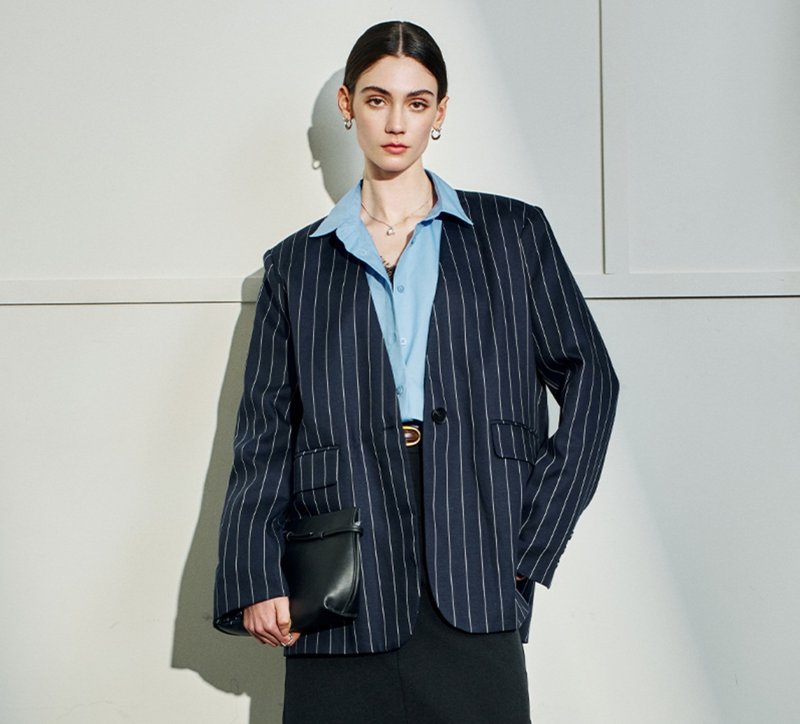 【天丝亚麻】法式簡約/直角肩条纹/无领西服 - 女装西装外套/风衣 - 棉．麻 多色