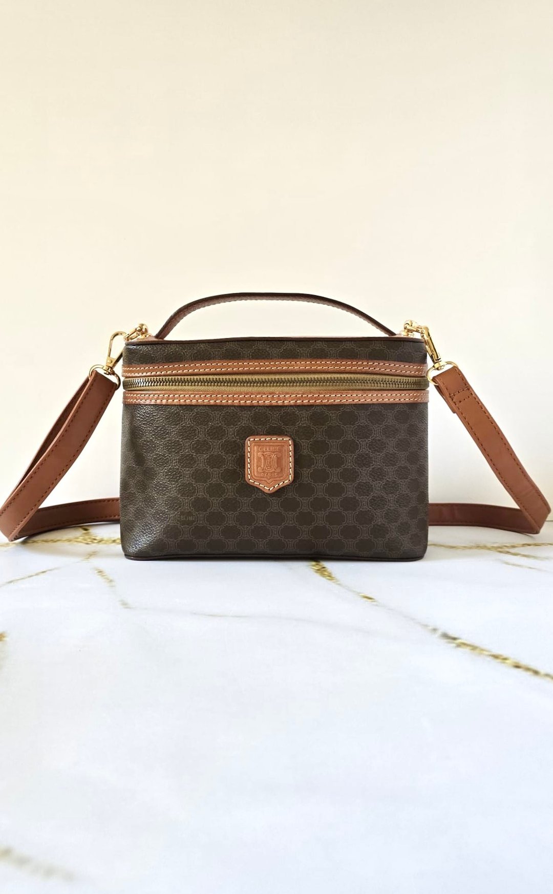 绝版古董包 Celine 咖啡色老花 Vanity 盒子包 斜背包 侧背包 单肩包 - 侧背包/斜挎包 - 人造皮革 咖啡色