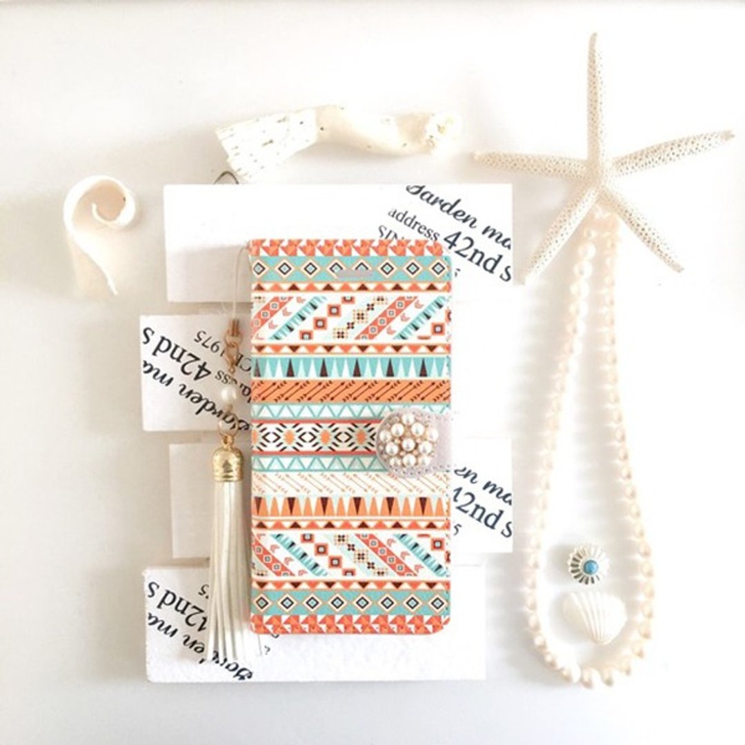 pajour) Chimayo Navajo Mix Ortega Pattern Notebook Type Case [Autumn / Winter] [Triangle] - 手机壳/手机套 - 真皮 橘色