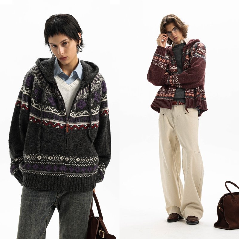 【羊毛混纺】Unvesno(UN)费尔岛复古提花保暖20%羊毛针织开衫毛衣 - 男装针织衫/毛衣 - 其他材质 