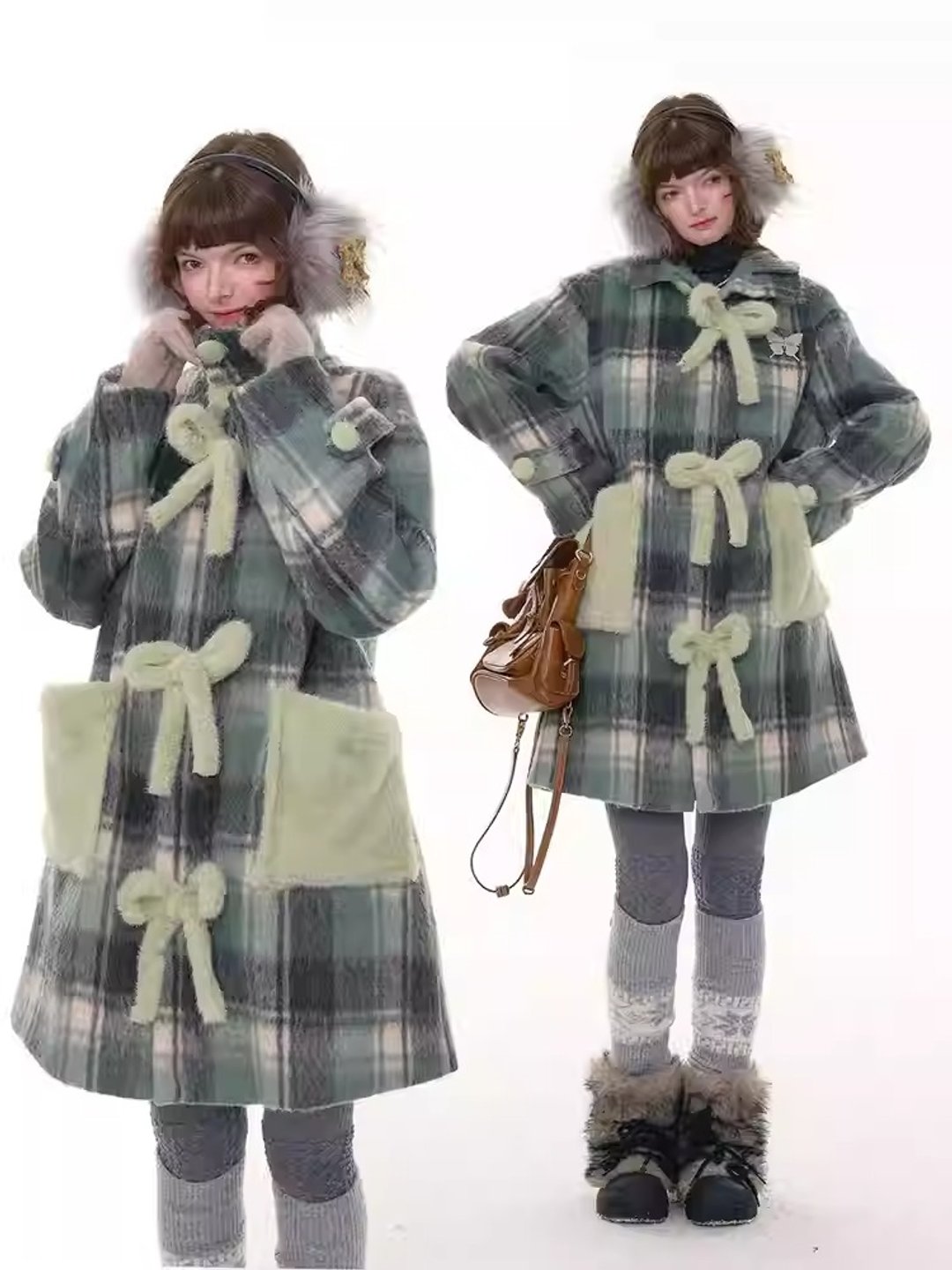 ziziFei秋冬美式复古格纹设计感中长款蝴蝶结绿色毛呢大衣外套女 - 女装上衣 - 其他材质 