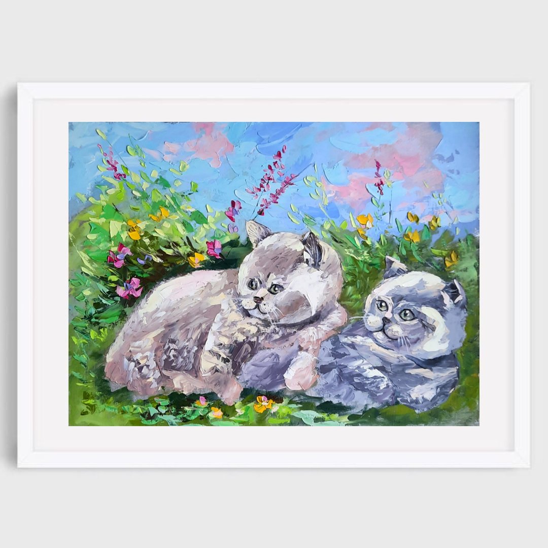 Cat Painting Pets Original Art Kitty Oil Painting 油畫原作 掛畫 - 海报/装饰画/版画 - 木头 蓝色