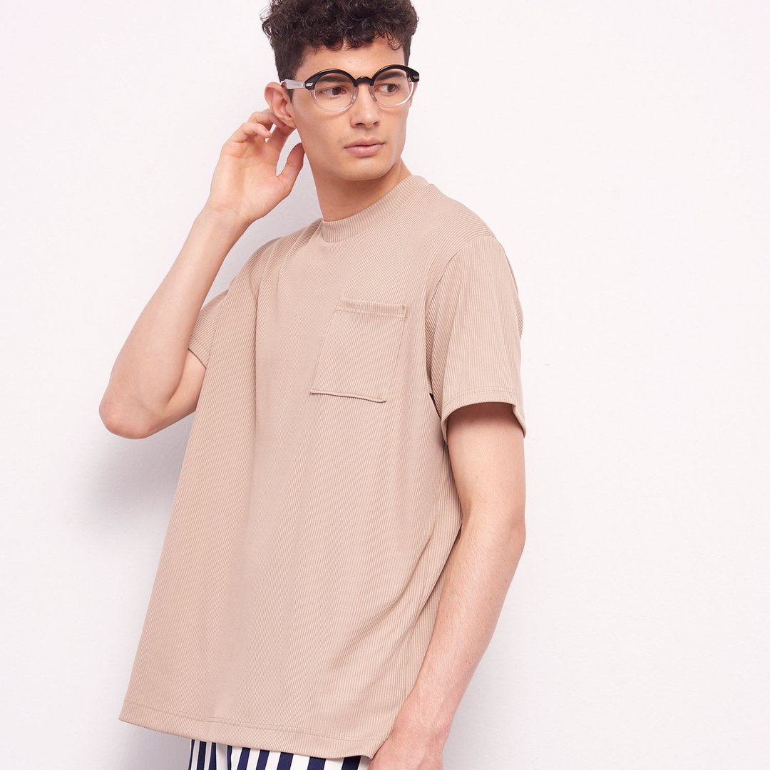 Stone@s Rib T-shirt In Beige / 罗纹 口袋 短袖 驼色 卡其 杏色 - 男装上衣/T 恤 - 棉 卡其色