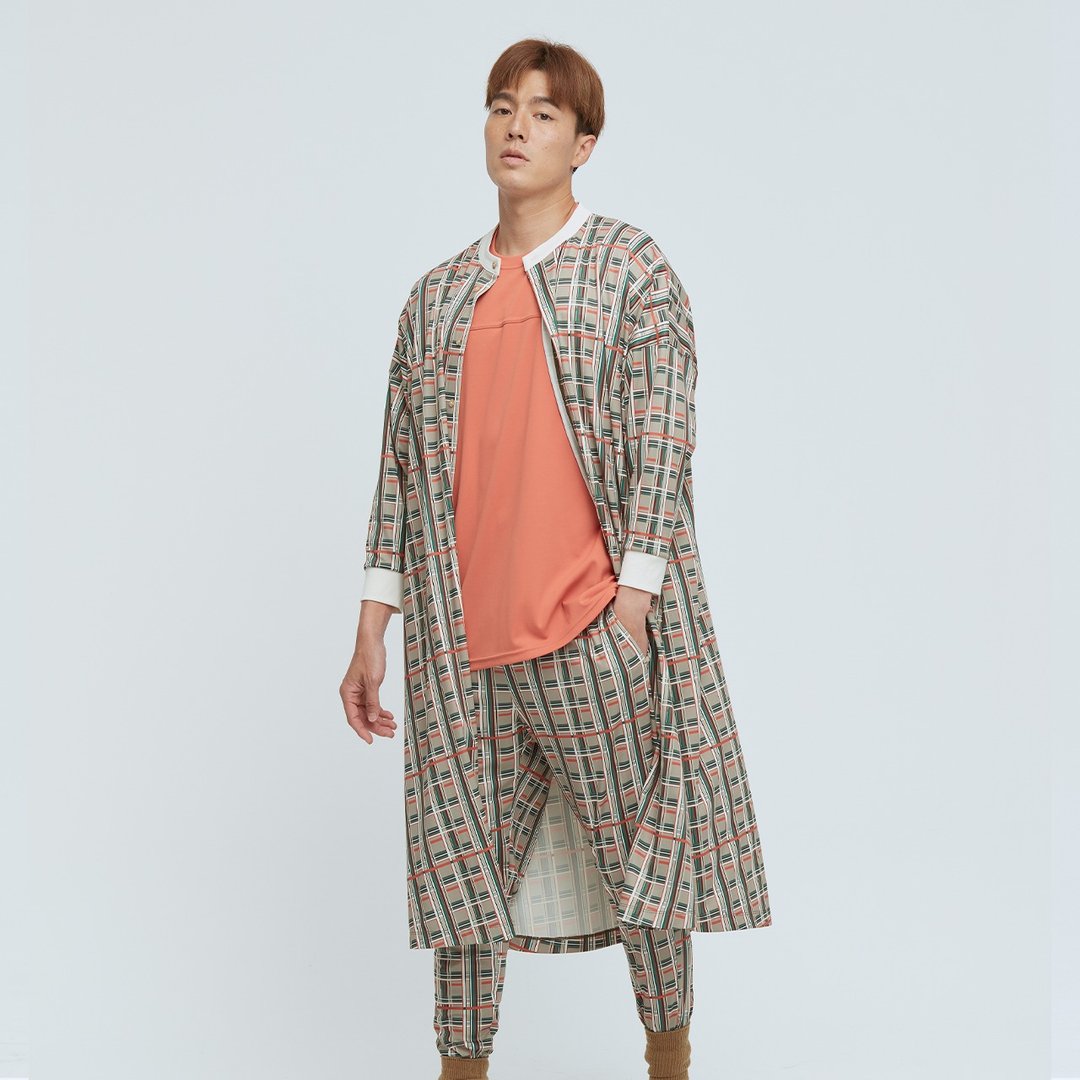 不可退换 /REBOOT-苏活机能开襟长版罩衫(中性) - 格纹印花 - 居家服/睡衣 - 聚酯纤维 多色