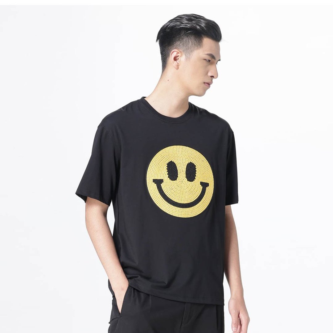 PINLI品立夏季贴布绣花笑脸短袖T恤 - 男装上衣/T 恤 - 其他材质 黑色