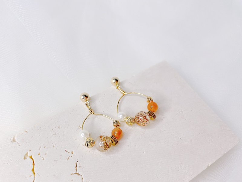 小石光 || 黑金超七 红兔毛 水晶耳环 - 耳环/耳夹 - 水晶 橘色