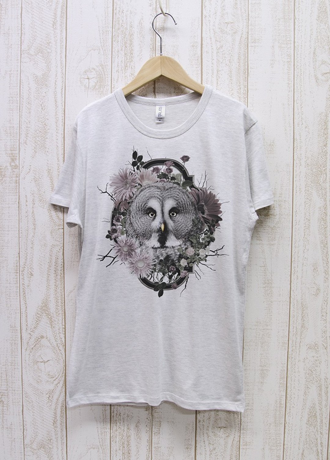 ronronGreatGrayOwl Tee Flower Frame Heather White / R037-TT-HWH - 中性连帽卫衣/T 恤 - 棉 灰色
