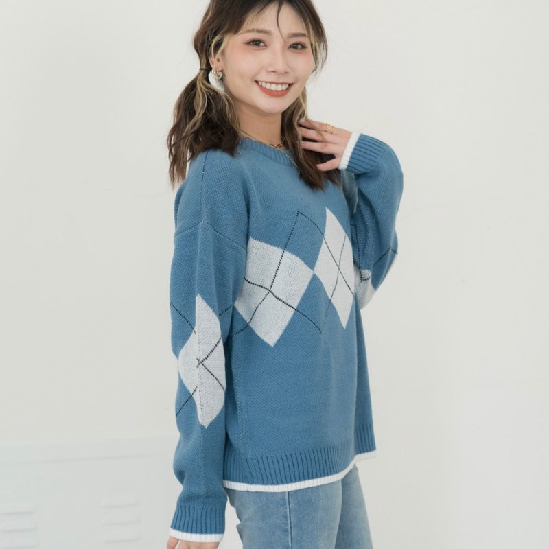 菱格纹针织毛衣 两色 - 女装针织衫/毛衣 - 聚酯纤维 蓝色