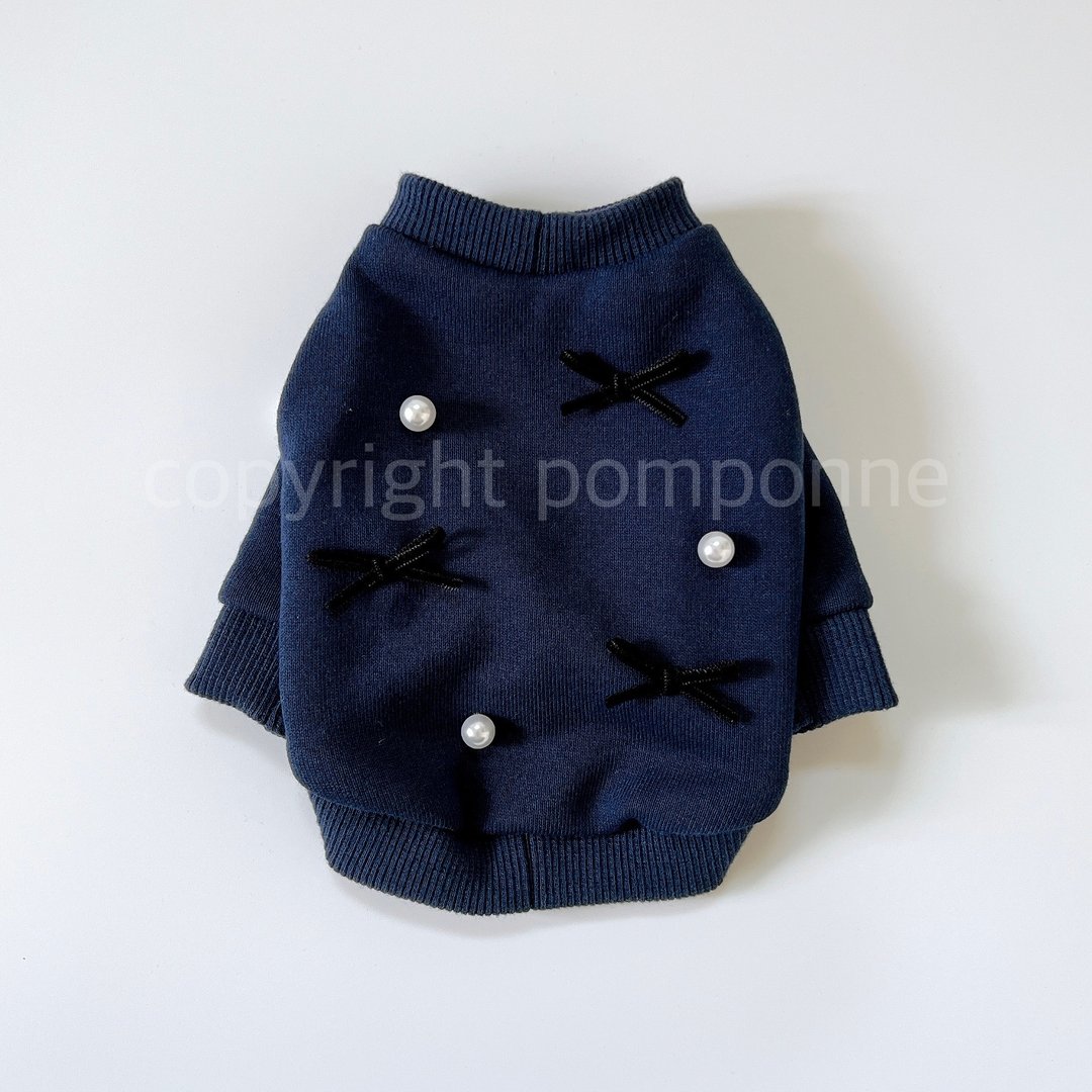 狗衣服/珍珠丝带运动衫_海军蓝 - 衣/帽 - 棉 蓝色