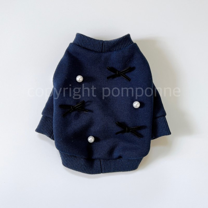 狗衣服/珍珠丝带运动衫_海军蓝 - 衣/帽 - 棉．麻 蓝色