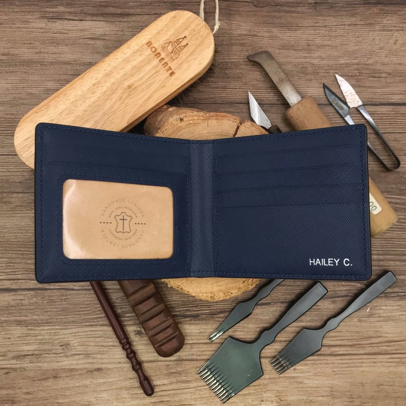 【定制化礼物】【短钱包】蓝色十字纹牛皮 | 经典两折皮夹 - 皮夹/钱包 - 真皮 蓝色